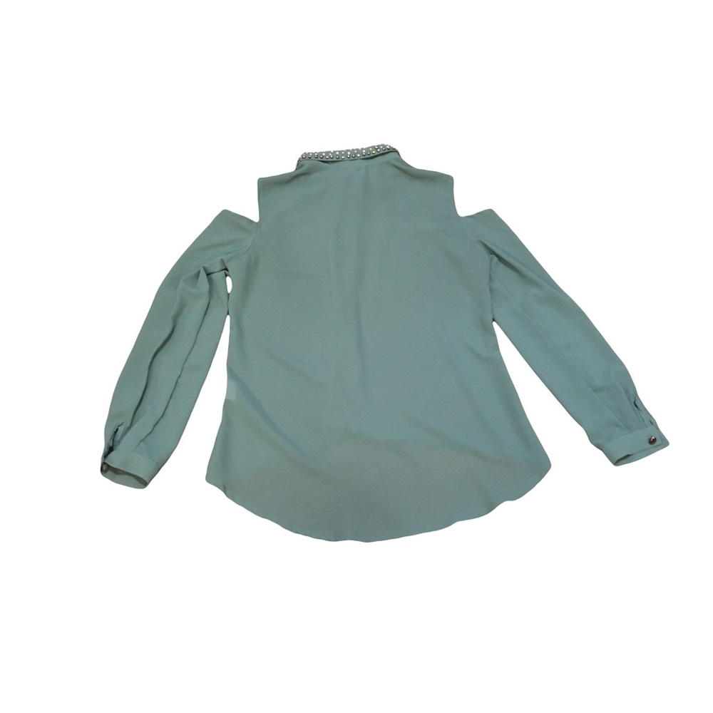 The Hanger SMALL Teal shirt top blouse Jeweled collar Buttons Long Open shoulder - Picture 3 of 8